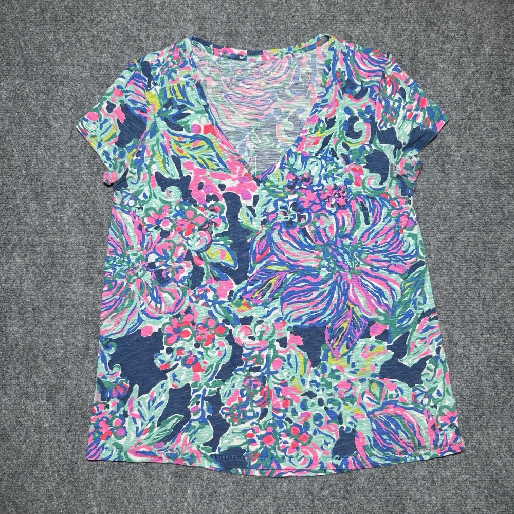 Lilly Pulitzer Etta V-Neck 100% Cotton Slub Floral Mulicolor T-Shirt Women XS